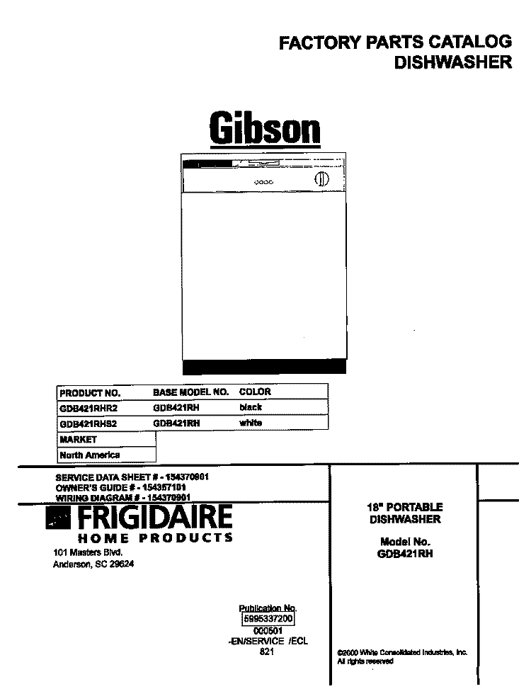 COVER Diagram and Parts List for GDB421RHS2  Gibson Dishwasher