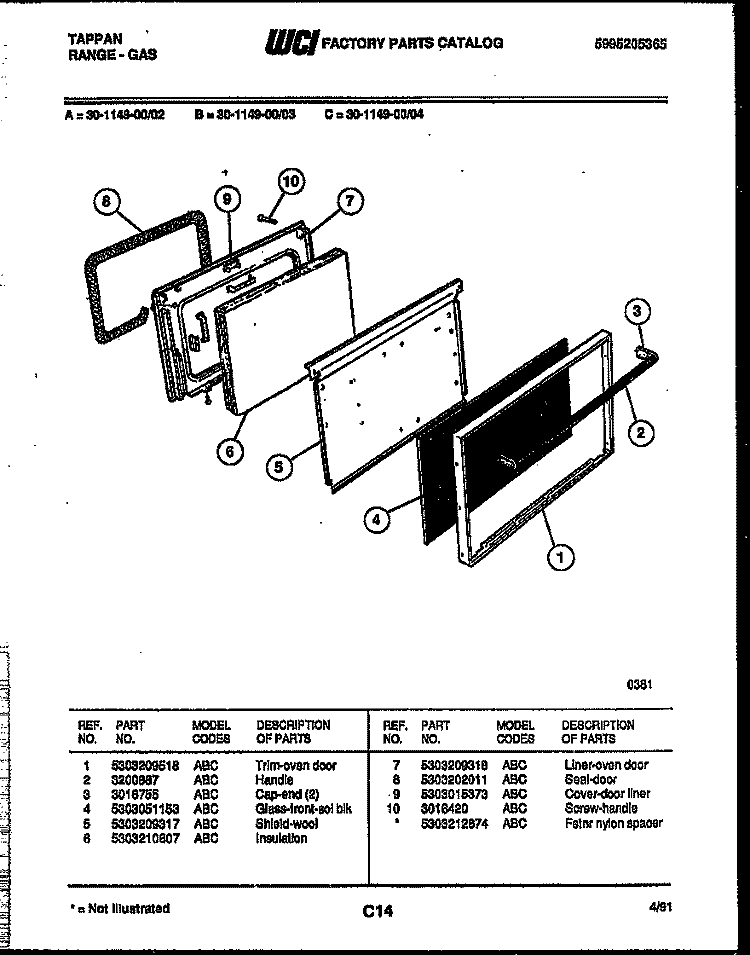 DOOR PARTS Diagram and Parts List for 30-1149-23-04  Tappan Range