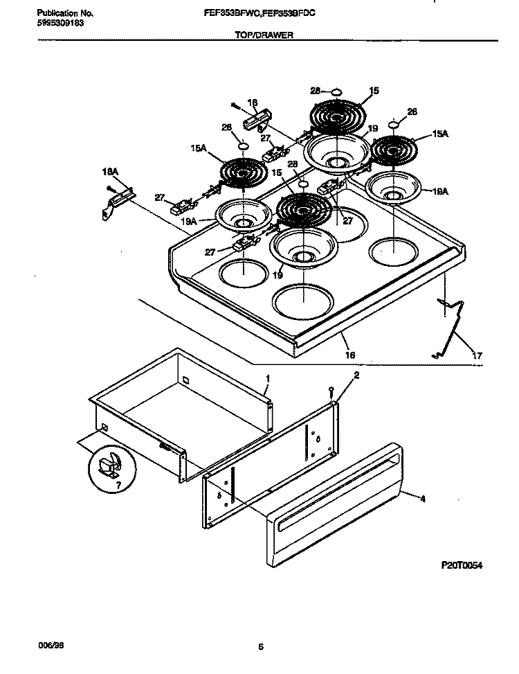 TOP / DRAWER Diagram and Parts List for FEF353BFDC  Frigidaire Range