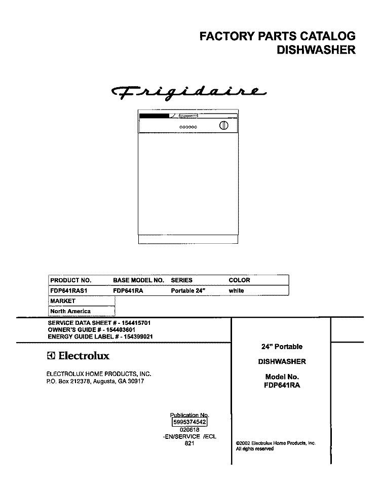 COVER Diagram and Parts List for FDP641RAS1  Frigidaire Dishwasher