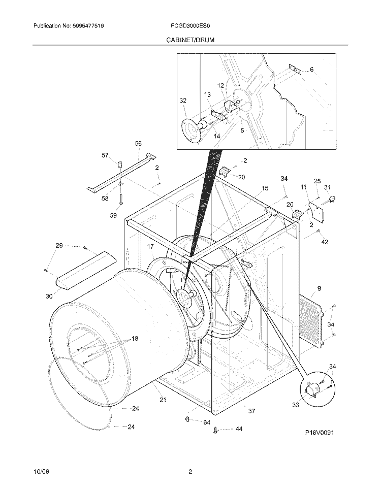 CABINET / DRUM Diagram and Parts List for FCGD3000ES0  Frigidaire Dryer