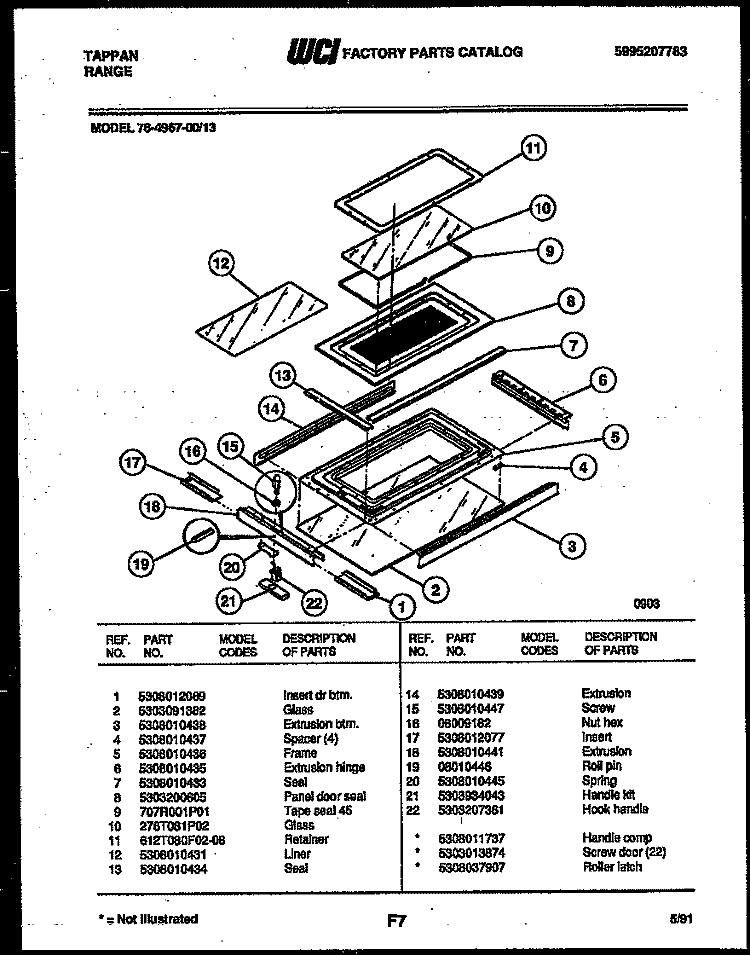 TOP DOOR PARTS Diagram and Parts List for 76-4967-00-13  Tappan Microwave Oven Combo