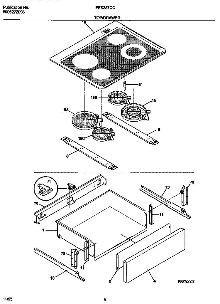 TOP / DRAWER Diagram and Parts List for FES387CCSA  Frigidaire Wall Oven