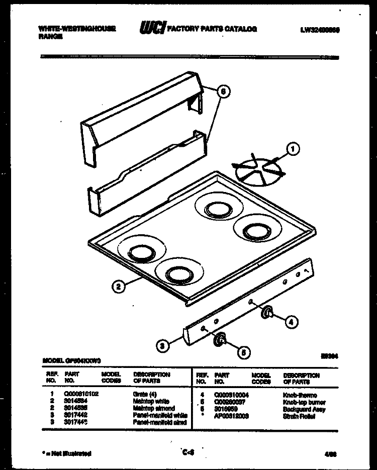 BACKGUARD AND COOKTOP PARTS Diagram and Parts List for GF504KXD0  Frigidaire Range