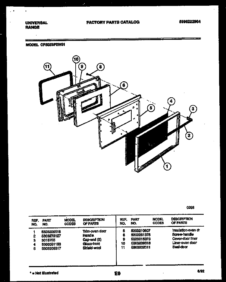 DOOR PARTS Diagram and Parts List for CP302BP2W1  Frigidaire Range