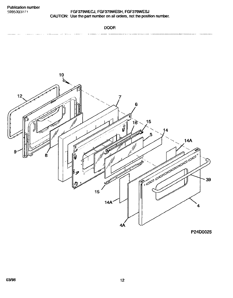 DOOR Diagram and Parts List for FGF376WESH  Frigidaire Range