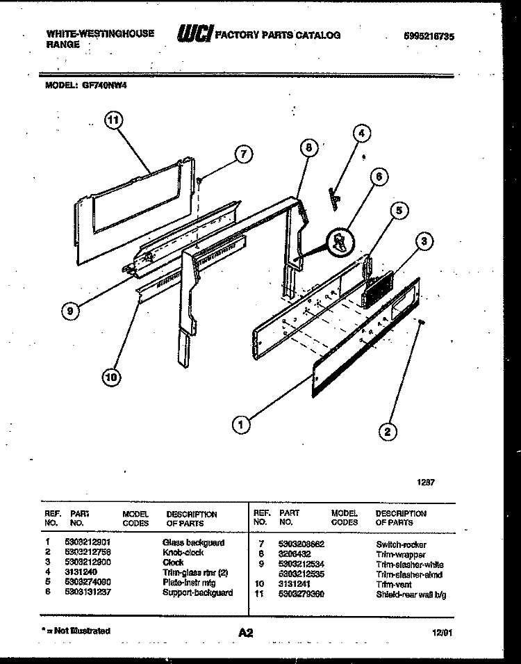 BACKGUARD Diagram and Parts List for GF740ND4  Frigidaire Range