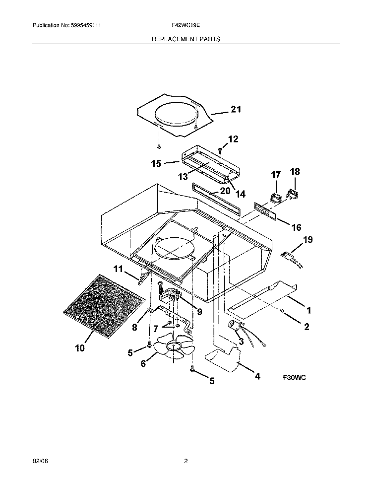 REPLACEMENT PARTS Diagram and Parts List for F42WC19EB  Frigidaire Range Hood