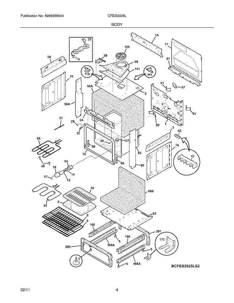 BODY Diagram and Parts List for CFES3025LB2  Frigidaire Wall Oven