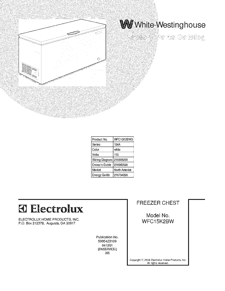 COVER Diagram and Parts List for WFC15K2BW3  Westinghouse Freezer