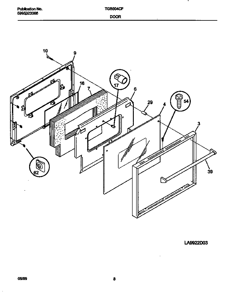 DOOR Diagram and Parts List for TGB504CFB3  Tappan Wall Oven