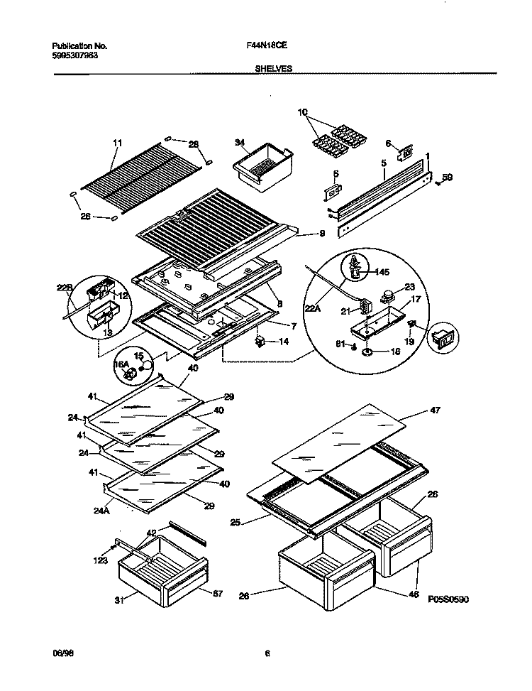 SHELVES Diagram and Parts List for F44N18CED6  Frigidaire Refrigerator