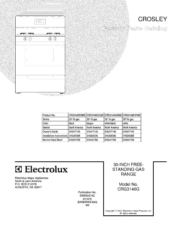 COVER Diagram and Parts List for CRG3140GWBB  Crosley Range