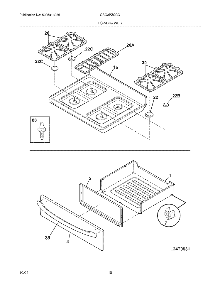 TOP / DRAWER Diagram and Parts List for GSG3PZCCC  Frigidaire Range