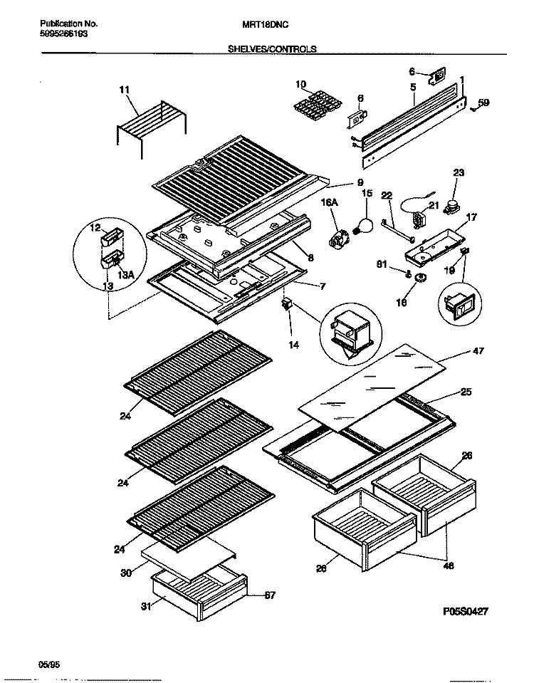 SHELVES / CONTROLS Diagram and Parts List for MRT18DNCD0  Uni Refrigerator