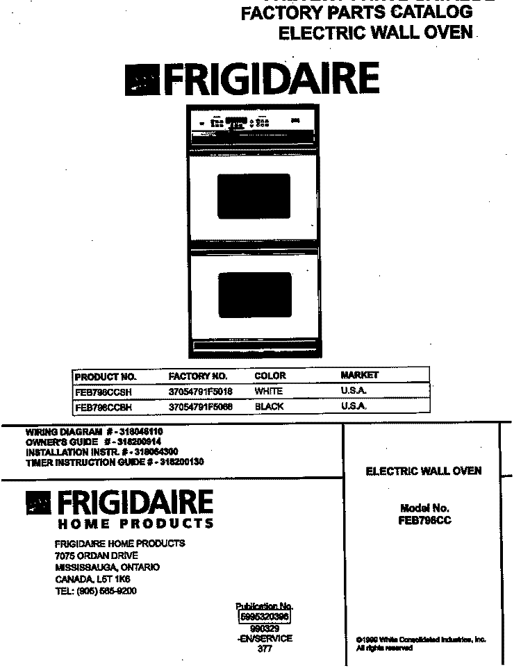 COVER Diagram and Parts List for FEB798CCBH  Frigidaire Wall Oven