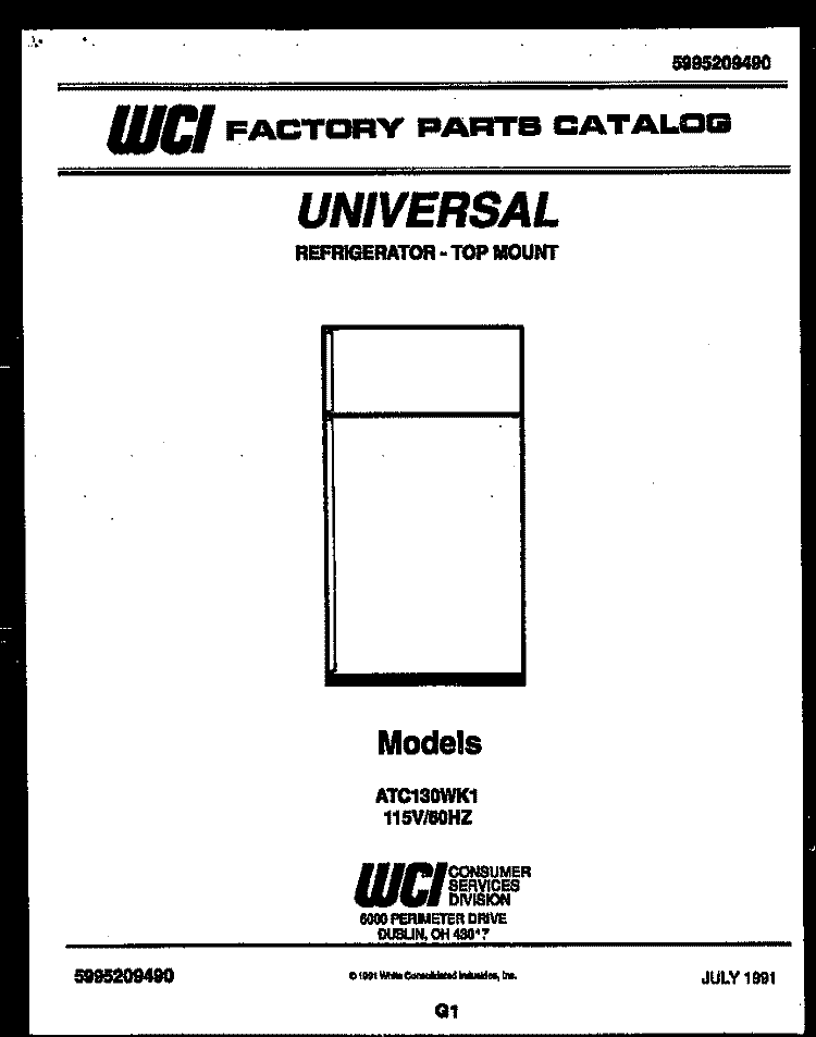 COVER Diagram and Parts List for ATC130WK1  Uni Refrigerator