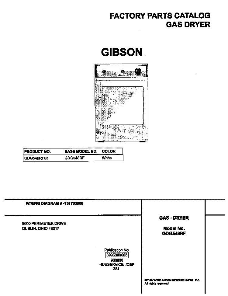 COVER Diagram and Parts List for GDG546RFS1  Gibson Dryer
