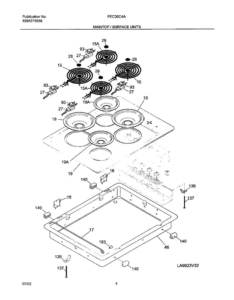 MAINTOP Diagram and Parts List for FEC30C4ACC  Frigidaire Cooktop