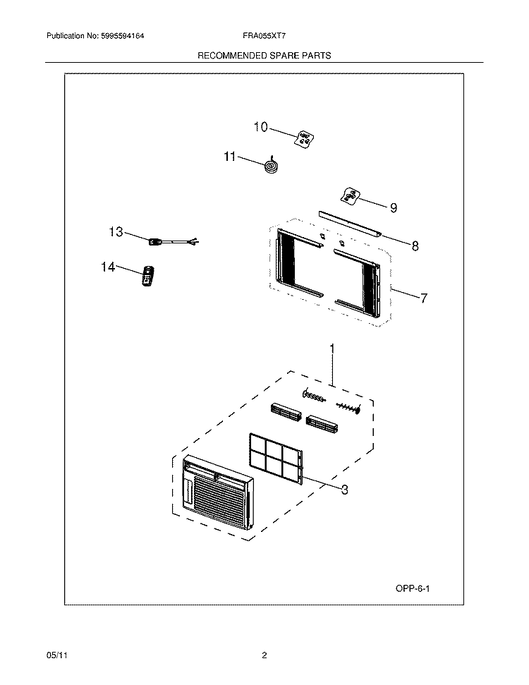 RECOMMENDED SPARE PARTS Diagram and Parts List for FRA055XT711  Frigidaire Air Conditioner