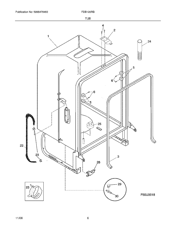 TUB Diagram and Parts List for FDB126RBS4  Frigidaire Dishwasher