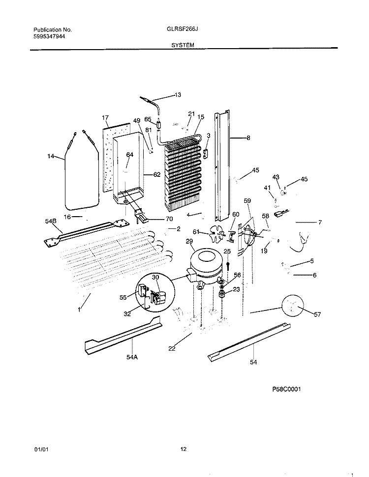 SYSTEM Diagram and Parts List for GLRSF266JW2  Frigidaire Refrigerator
