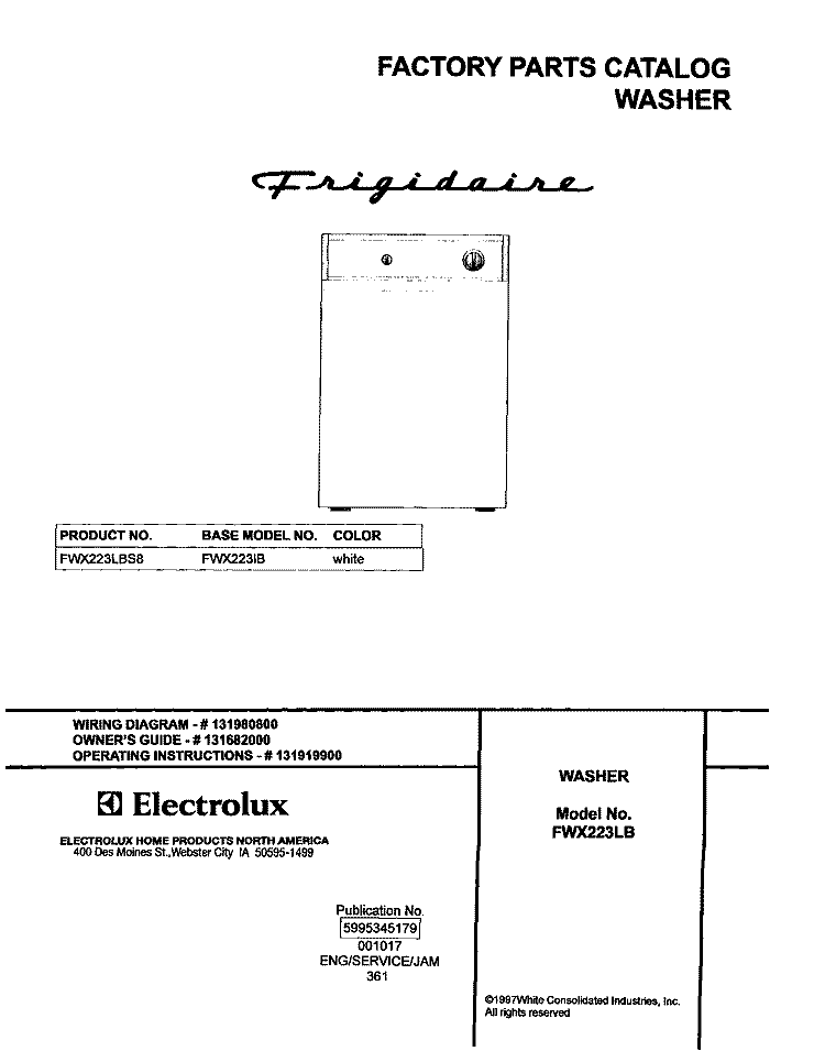COVER Diagram and Parts List for FWX223LBS8  Frigidaire Washer