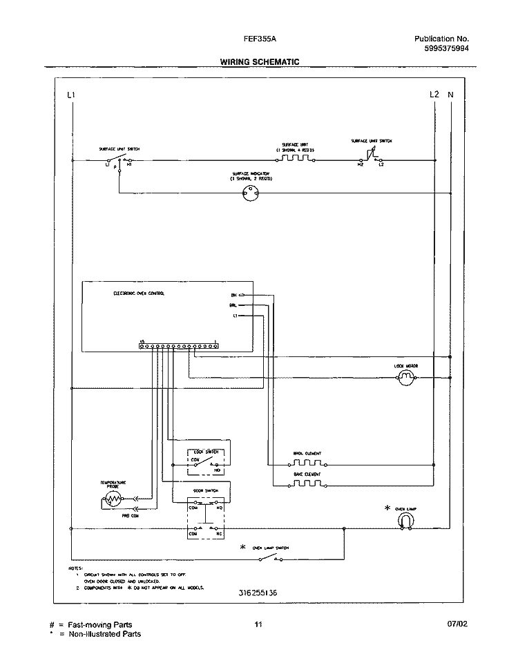 WIRING SCHEMATIC Diagram and Parts List for FEF355AWD  Frigidaire Range