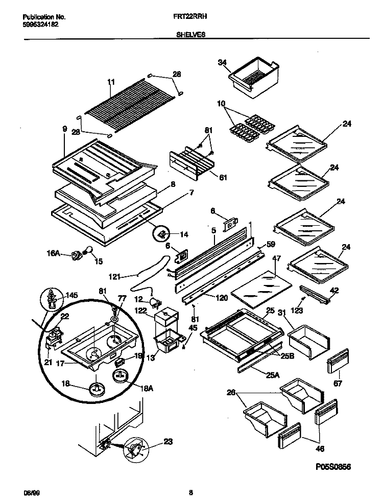 SHELVES Diagram and Parts List for FRT22RRHB1  Frigidaire Refrigerator