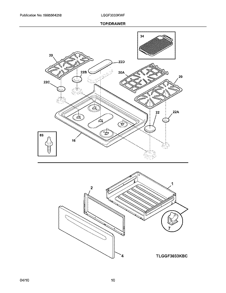 TOP/DRAWER Diagram and Parts List for LGGF3033KWF  Frigidaire Range
