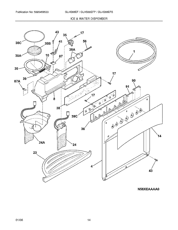 ICE & WATER DISPENSER Diagram and Parts List for GLHS68EFPW0  Frigidaire Refrigerator
