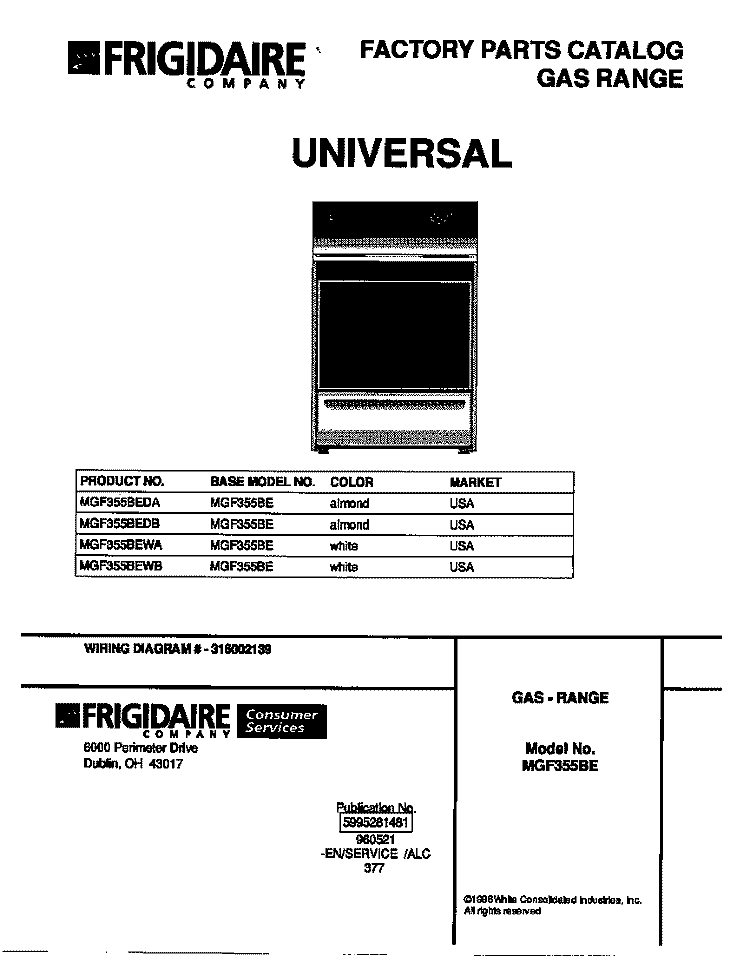 COVER Diagram and Parts List for MGF355BEDB  Frigidaire Range