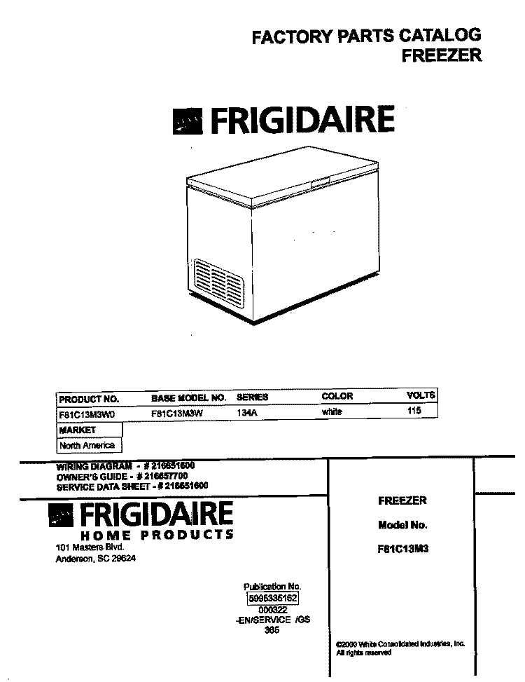 COVER Diagram and Parts List for F81C13M3W0  Frigidaire Freezer