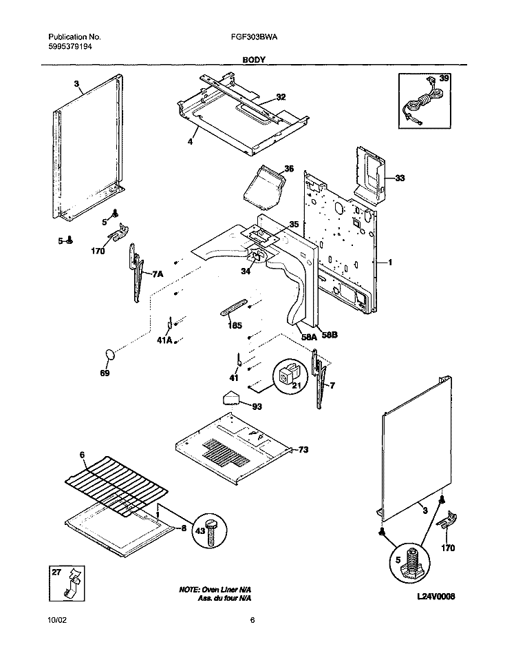 BODY Diagram and Parts List for FGF303BWA  Frigidaire Range