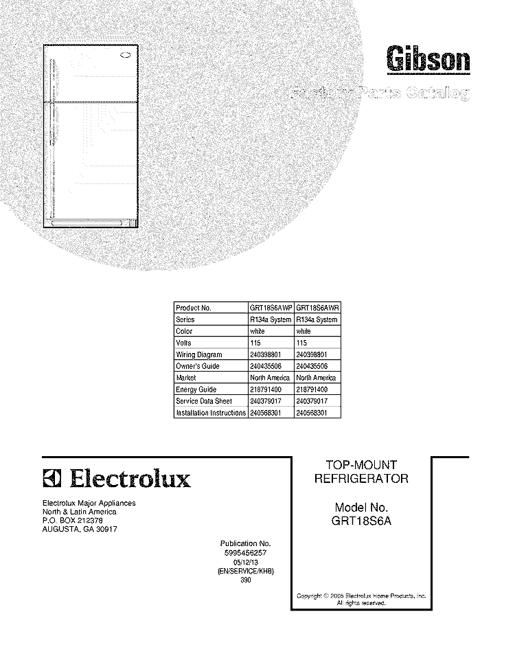 COVER Diagram and Parts List for GRT18S6AWP  Gibson Refrigerator