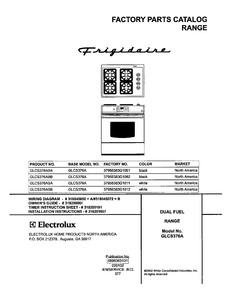 COVER Diagram and Parts List for GLCS376ASB  Frigidaire Range