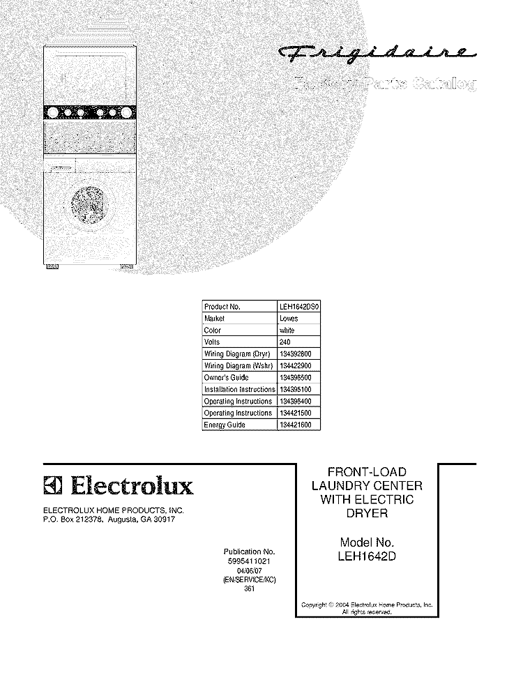 COVER Diagram and Parts List for LEH1642DS0  Frigidaire Washer Dryer Combo