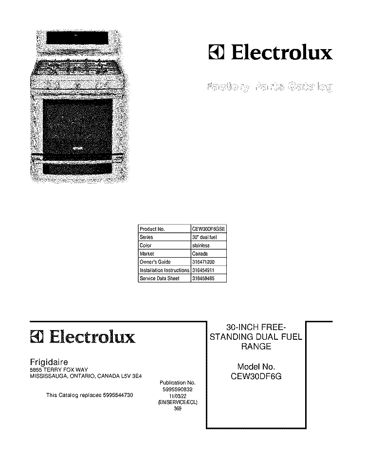 COVER Diagram and Parts List for CEW30DF6GSE  Electrolux Range