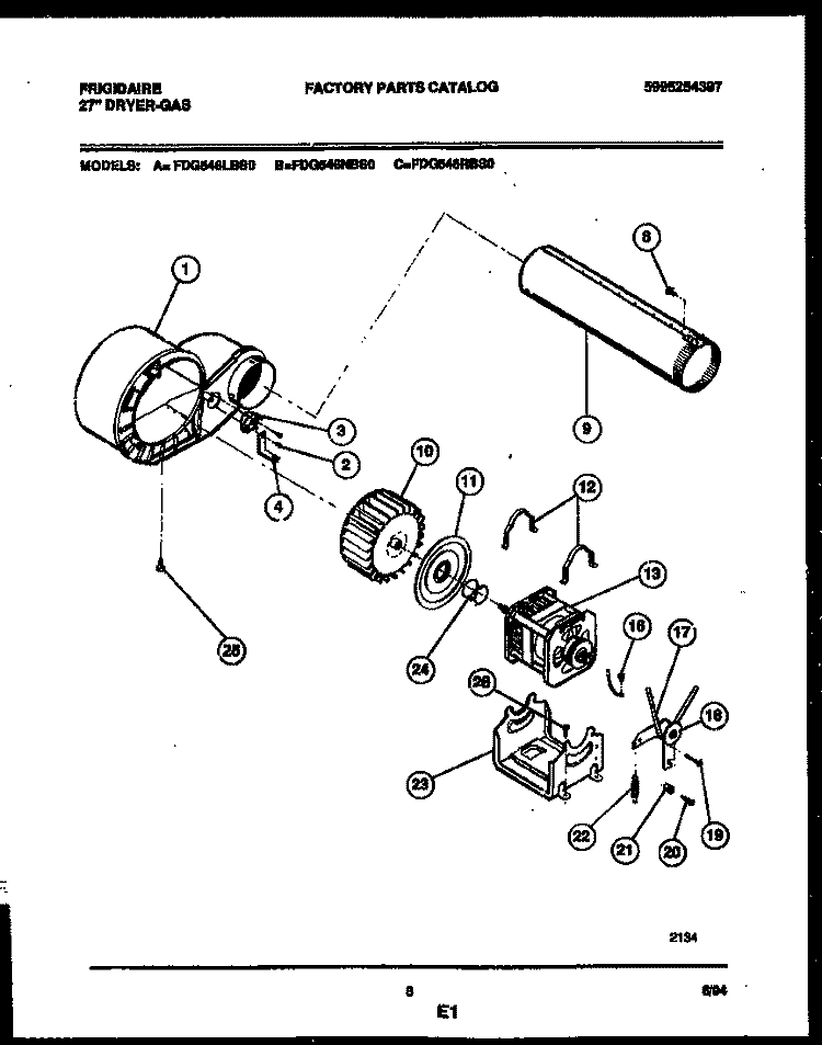 BLOWER AND DRIVE PARTS Diagram and Parts List for FDG546LBT0  Frigidaire Dryer