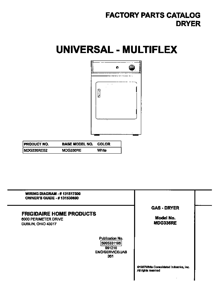 COVER Diagram and Parts List for MDG336RES2  Frigidaire Dryer