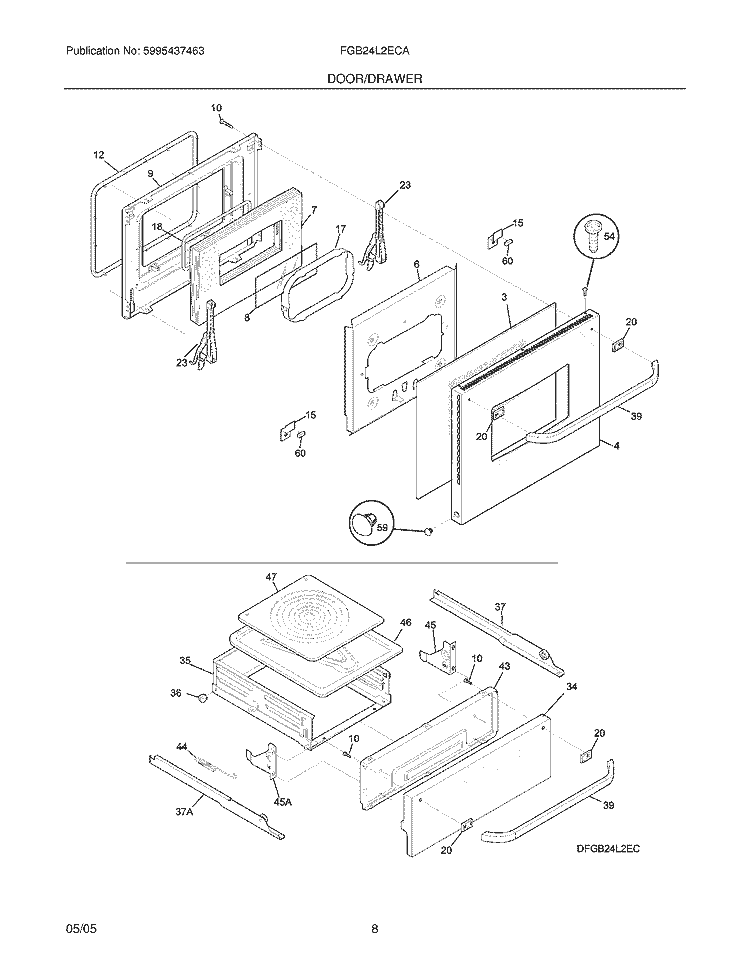 DOOR / DRAWER Diagram and Parts List for FGB24L2ECA  Frigidaire Wall Oven