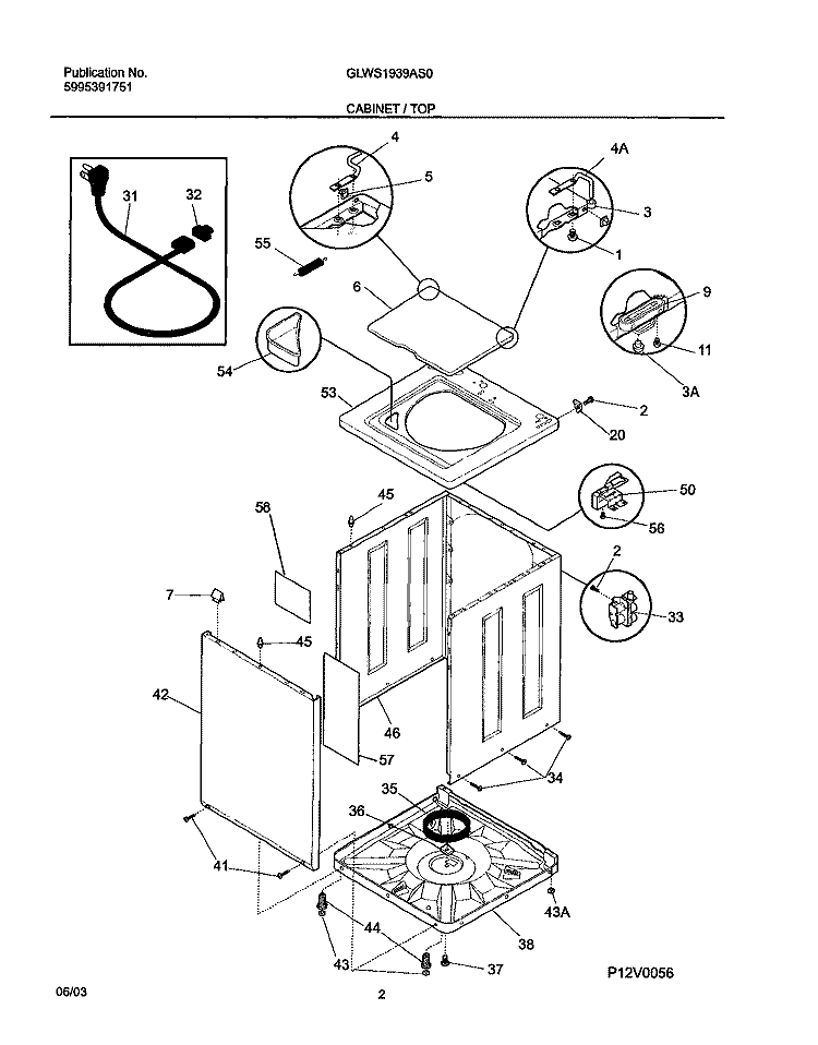 CABINET / TOP Diagram and Parts List for GLWS1939AS0  Frigidaire Washer