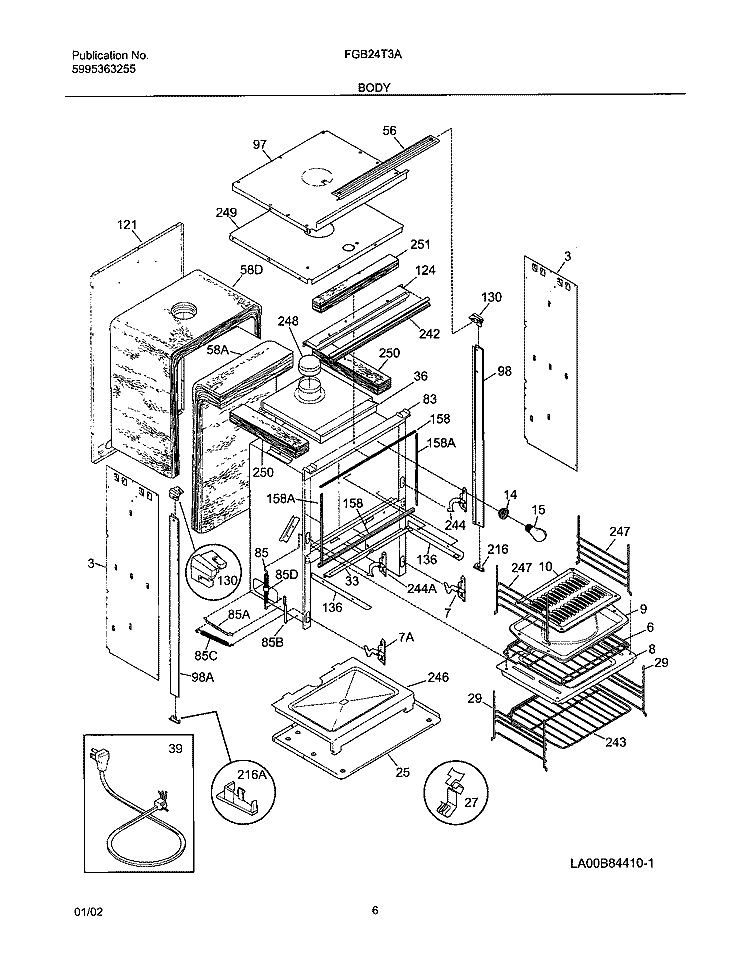 BODY Diagram and Parts List for FGB24T3ABA  Frigidaire Wall Oven
