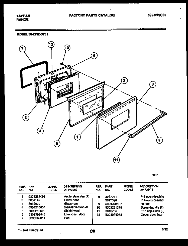 DOOR PARTS Diagram and Parts List for 30-2132-00-01  Tappan Range