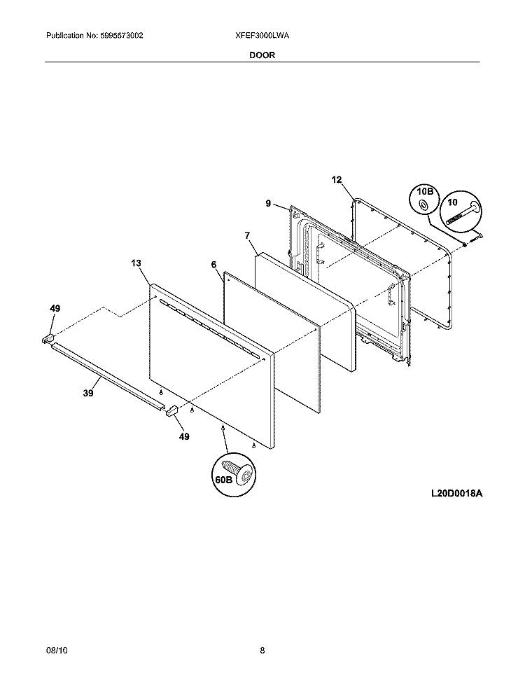 DOOR Diagram and Parts List for XFEF3000LWA  Frigidaire Range