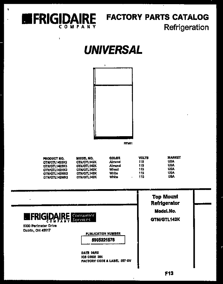 COVER Diagram and Parts List for GTL142BK3  Frigidaire Refrigerator