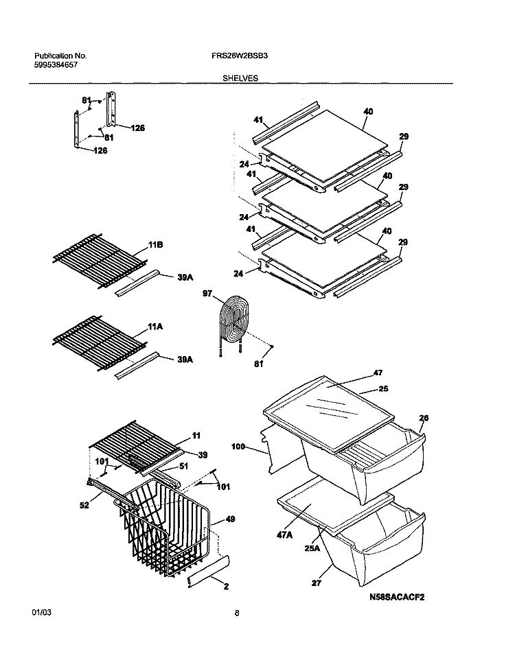 SHELVES Diagram and Parts List for FRS26W2BSB3  Frigidaire Refrigerator