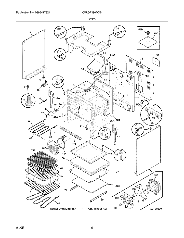 BODY Diagram and Parts List for CPLGF390DCB  Frigidaire Range