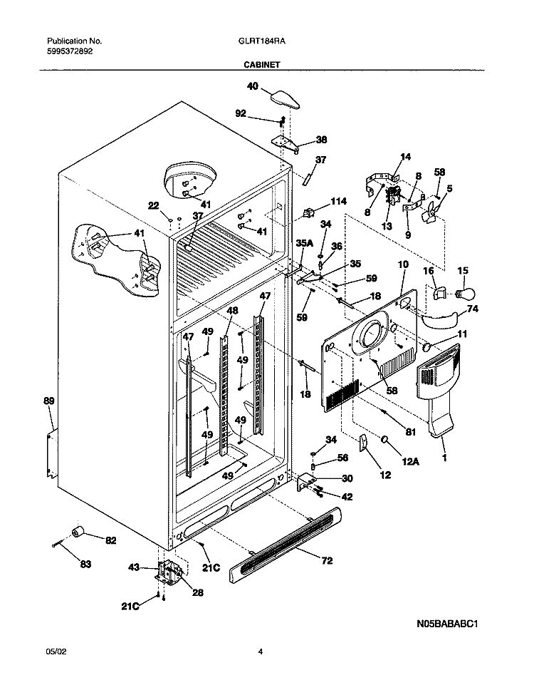 CABINET Diagram and Parts List for GLRT184RAB5  Frigidaire Refrigerator