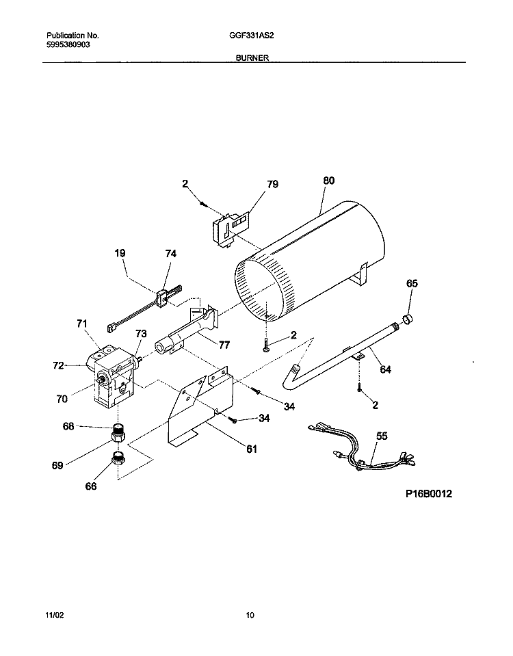 BURNER Diagram and Parts List for GGF331AS2  Gibson Dryer